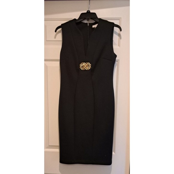 Calvin Klein Sheath Dress Women's Size 4 Black Sleeveless Midi with Gold Decal - Picture 1 of 6